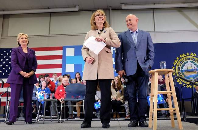 Hillary Clinton, Gabby Giffords and Mark Kelly at Winnacunnet High School